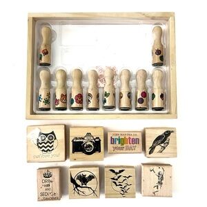 Wooden Rubber Stamp Lot Crafts Scrapbooking School Art Teacher Melissa and Doug